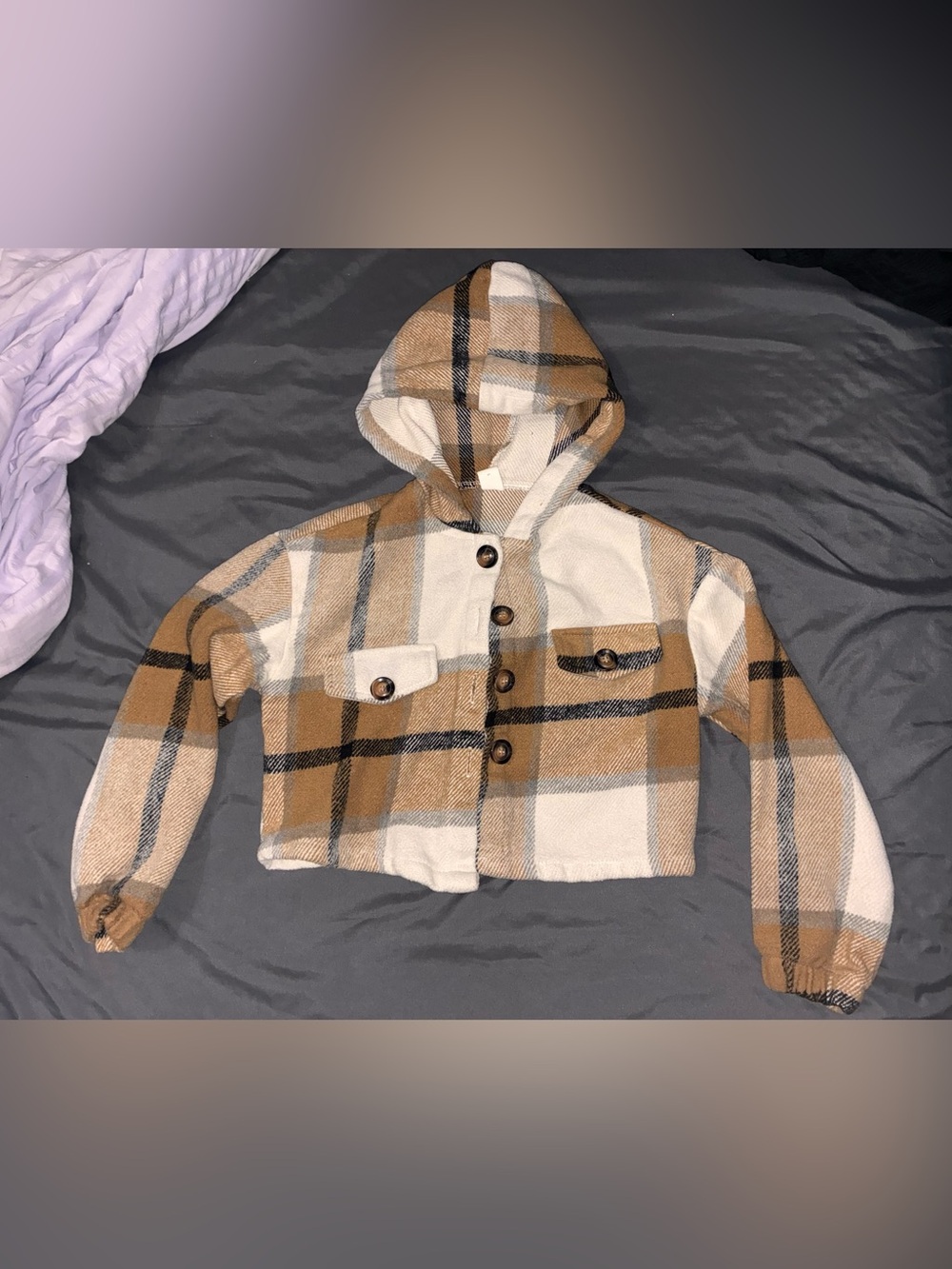 Kids Hooded Plaid Shacket Crop Jacket - Tan & Cream